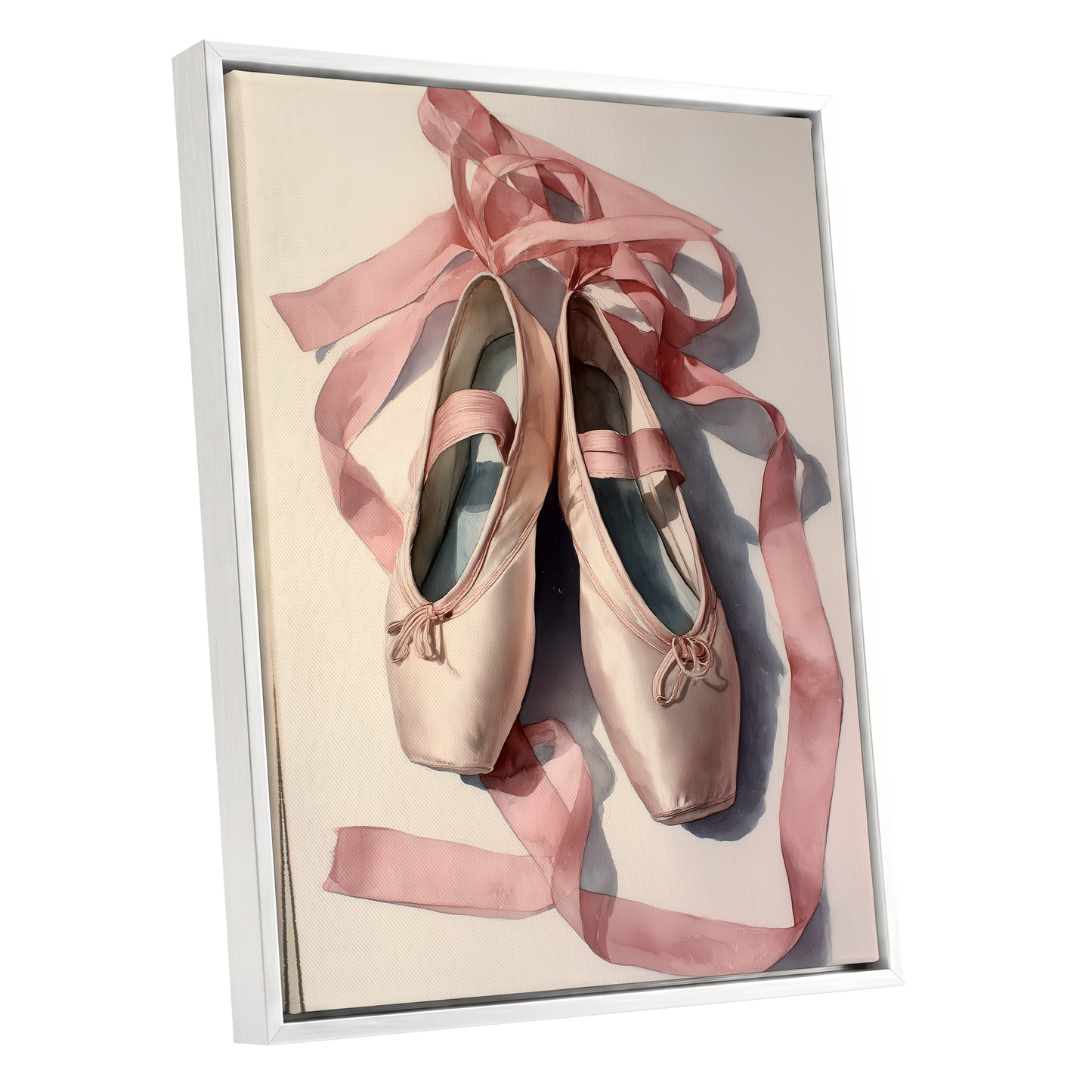 Ribbons at Rest, pink, beige, gray minimalist wall art shown as a white framed canvas wall art