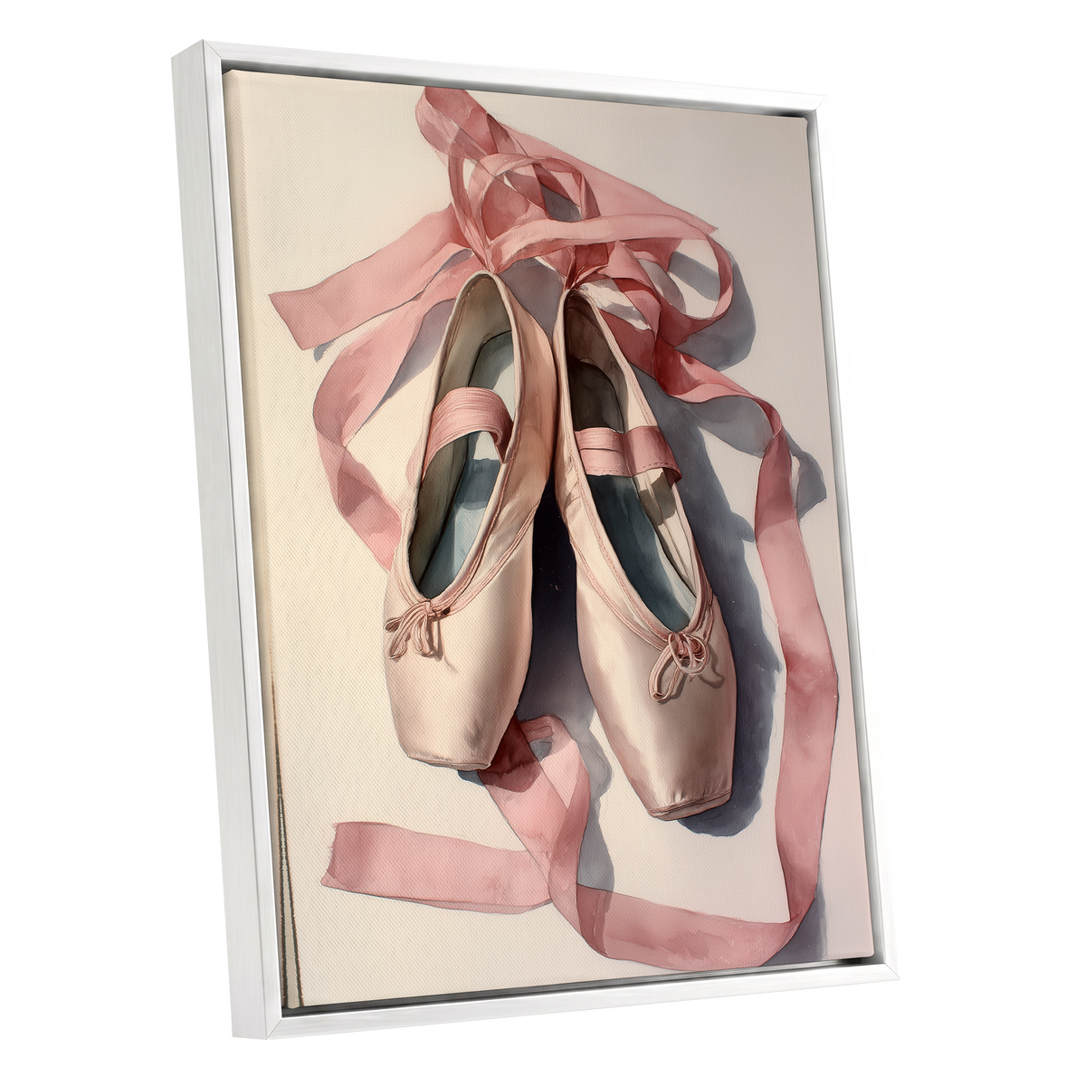 Ribbons at Rest, pink, beige, gray minimalist wall art shown as a white framed canvas wall art