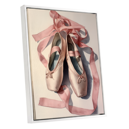 Ribbons at Rest, pink, beige, gray minimalist wall art shown as a white framed canvas wall art