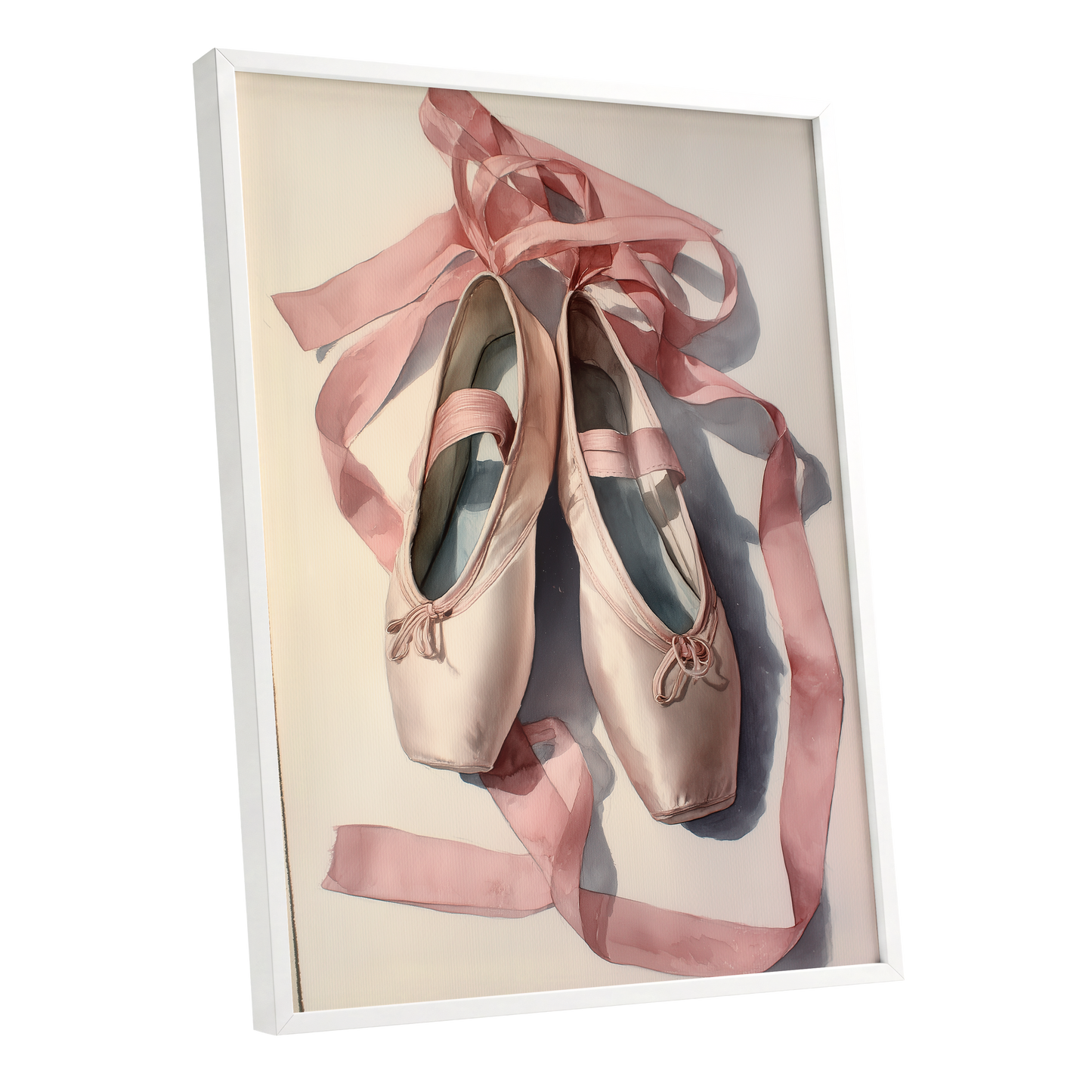 Ribbons at Rest, pink, beige, gray minimalist wall art shown as a white framed poster wall art print