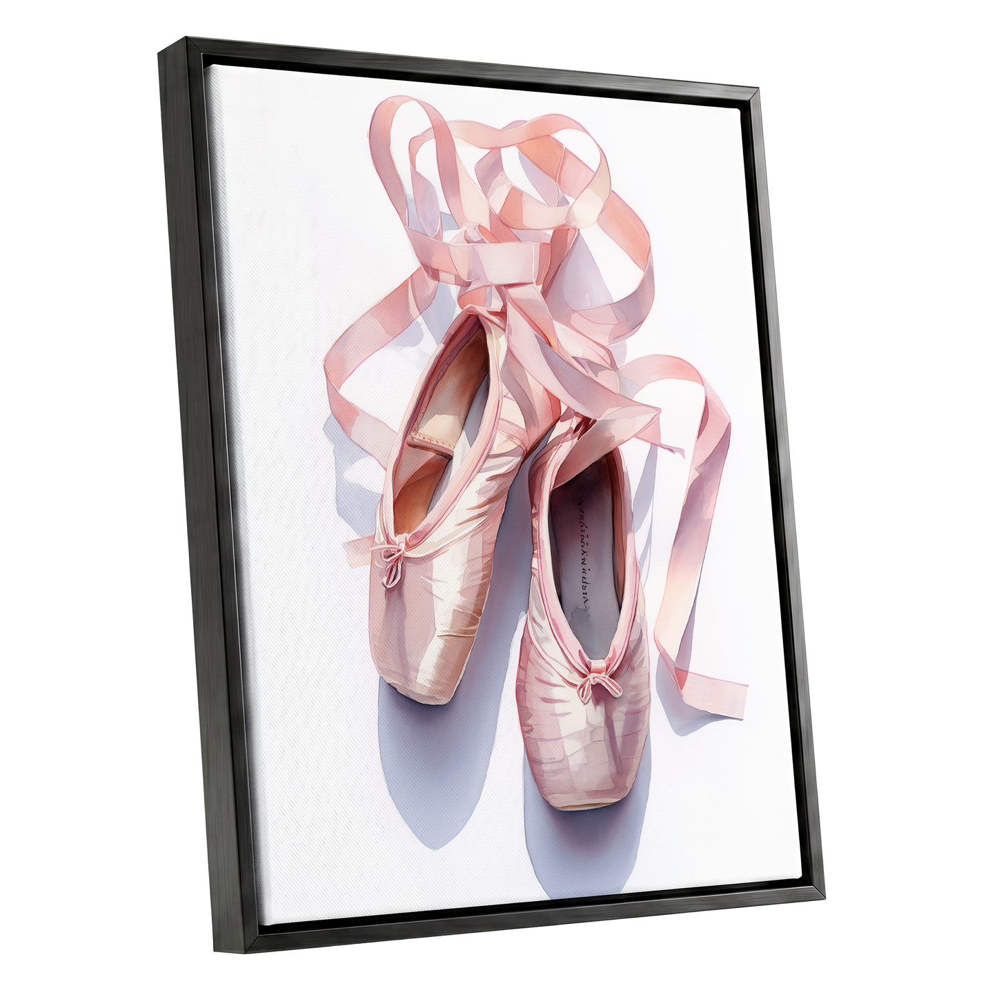 Ribbons at the Barre, pink, white, beige minimalist wall art shown as a black framed canvas wall art