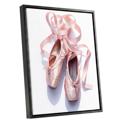 Ribbons at the Barre, pink, white, beige minimalist wall art shown as a black framed canvas wall art