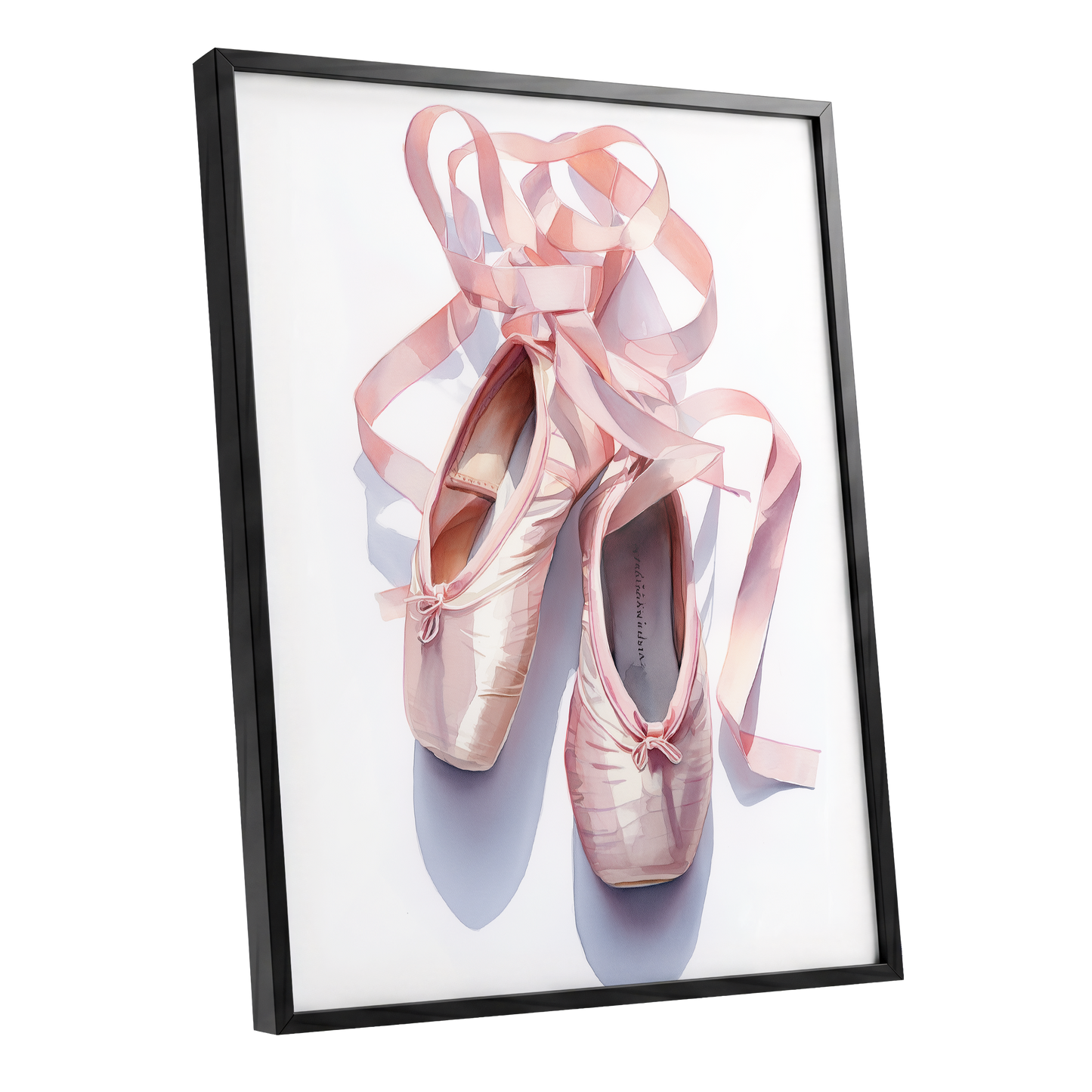 Ribbons at the Barre, pink, white, beige minimalist wall art shown as a black framed poster wall art print