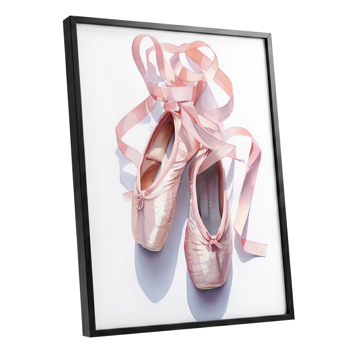 Ribbons at the Barre, pink, white, beige minimalist wall art shown as a black framed poster wall art print