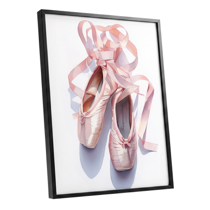 Ribbons at the Barre, pink, white, beige minimalist wall art shown as a black framed poster wall art print