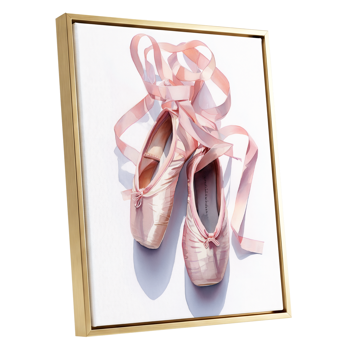 Ribbons at the Barre, pink, white, beige minimalist wall art shown as a gold framed canvas wall art