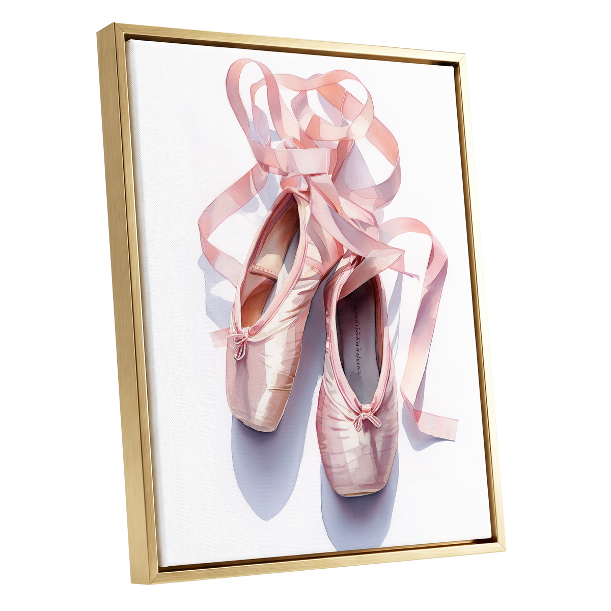 Ribbons at the Barre, pink, white, beige minimalist wall art shown as a gold framed canvas wall art
