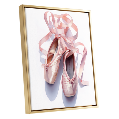 Ribbons at the Barre, pink, white, beige minimalist wall art shown as a gold framed canvas wall art
