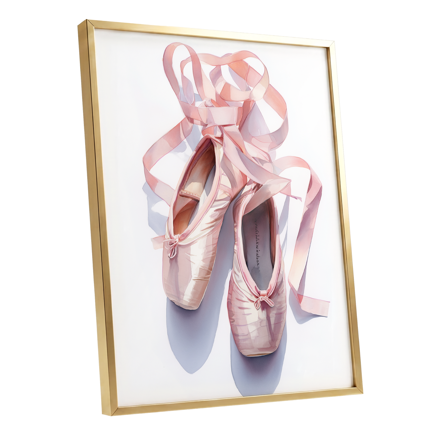 Ribbons at the Barre, pink, white, beige minimalist wall art shown as a gold framed poster wall art print