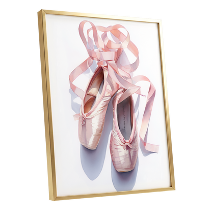 Ribbons at the Barre, pink, white, beige minimalist wall art shown as a gold framed poster wall art print