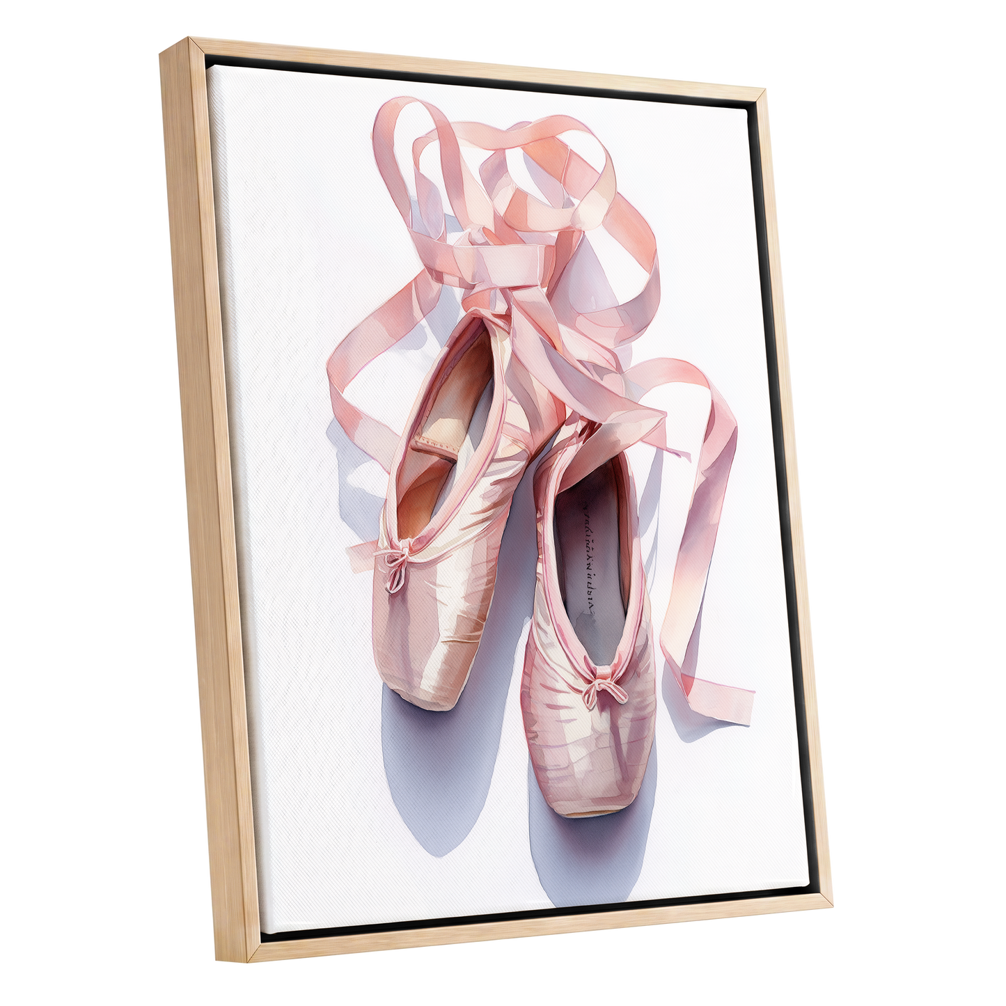 Ribbons at the Barre, pink, white, beige minimalist wall art shown as a oak framed canvas wall art