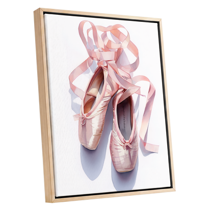 Ribbons at the Barre, pink, white, beige minimalist wall art shown as a oak framed canvas wall art