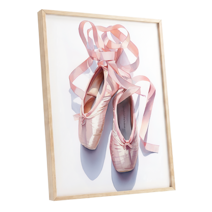 Ribbons at the Barre, pink, white, beige minimalist wall art shown as a oak framed poster wall art print