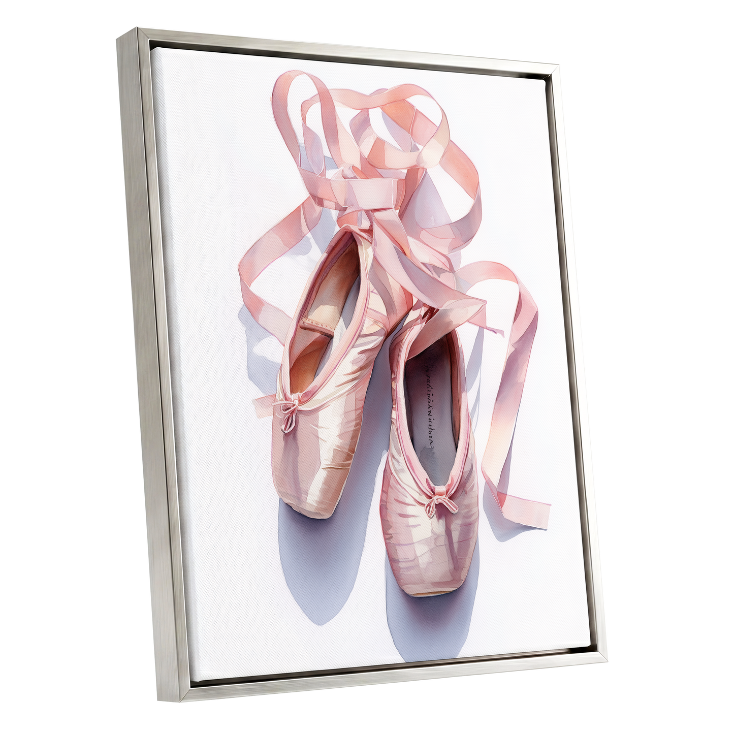 Ribbons at the Barre, pink, white, beige minimalist wall art shown as a silver framed canvas wall art