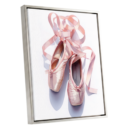 Ribbons at the Barre, pink, white, beige minimalist wall art shown as a silver framed canvas wall art