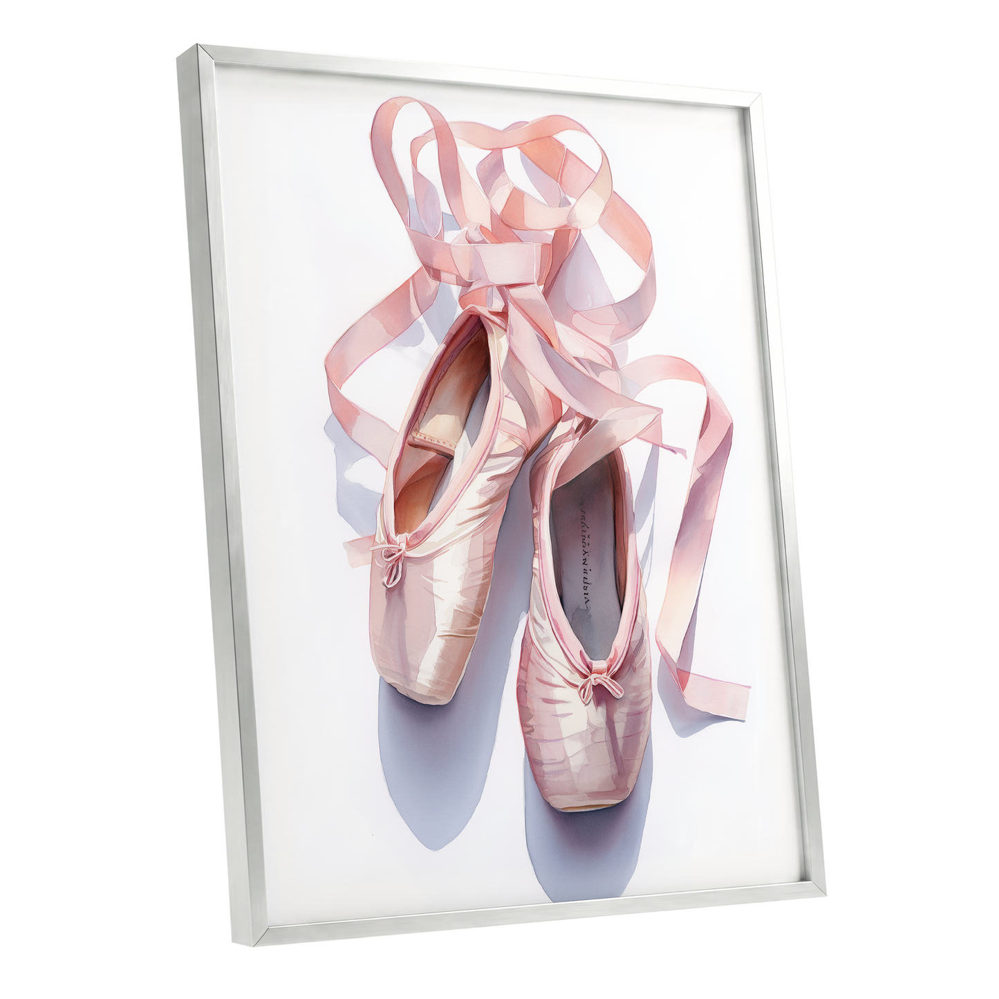 Ribbons at the Barre, pink, white, beige minimalist wall art shown as a silver framed poster wall art print