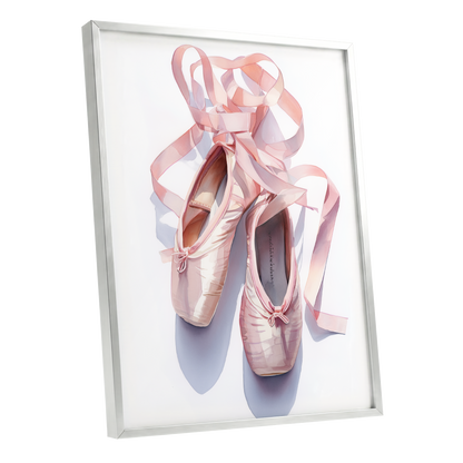 Ribbons at the Barre, pink, white, beige minimalist wall art shown as a silver framed poster wall art print