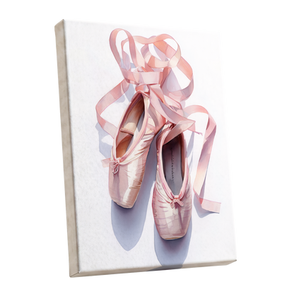 Ribbons at the Barre, pink, white, beige minimalist wall art shown as a stretched canvas wall art