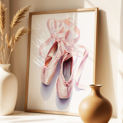 Ribbons at the Barre, pink, white, beige minimalist wall art displayed in a styled interior, gallery view 2
