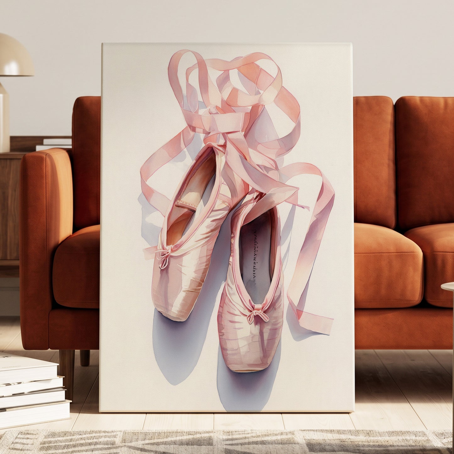 Ribbons at the Barre, pink, white, beige minimalist wall art displayed in a styled interior, gallery view 3