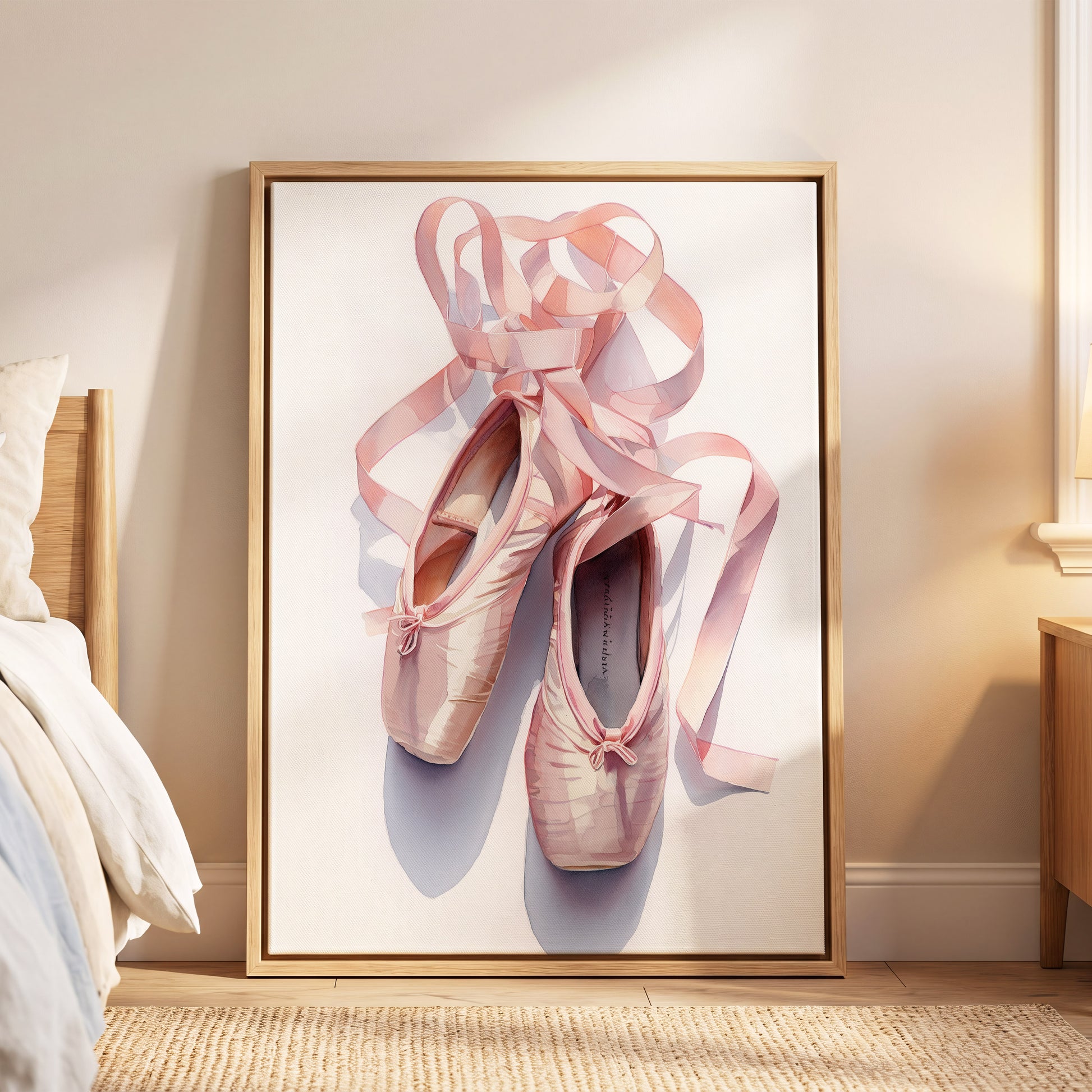 Ribbons at the Barre, pink, white, beige minimalist wall art displayed in a styled interior, gallery view 4