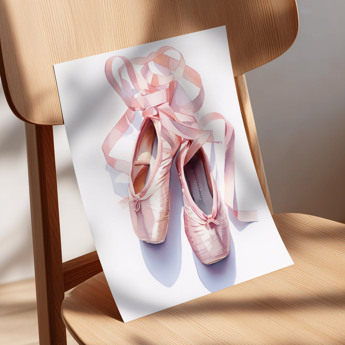 Ribbons at the Barre, pink, white, beige minimalist wall art displayed in a styled interior, gallery view 5