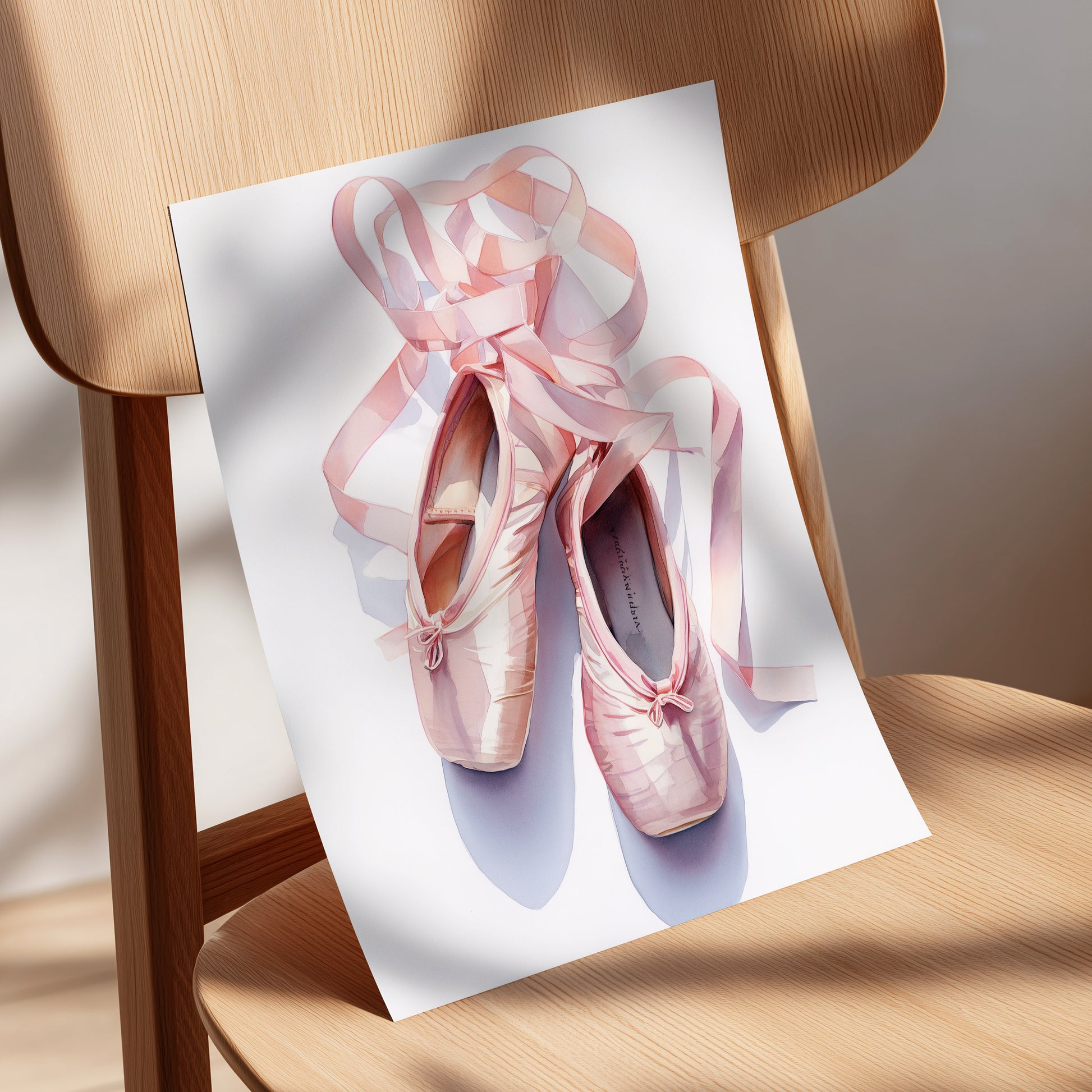 Ribbons at the Barre, pink, white, beige minimalist wall art displayed in a styled interior, gallery view 5