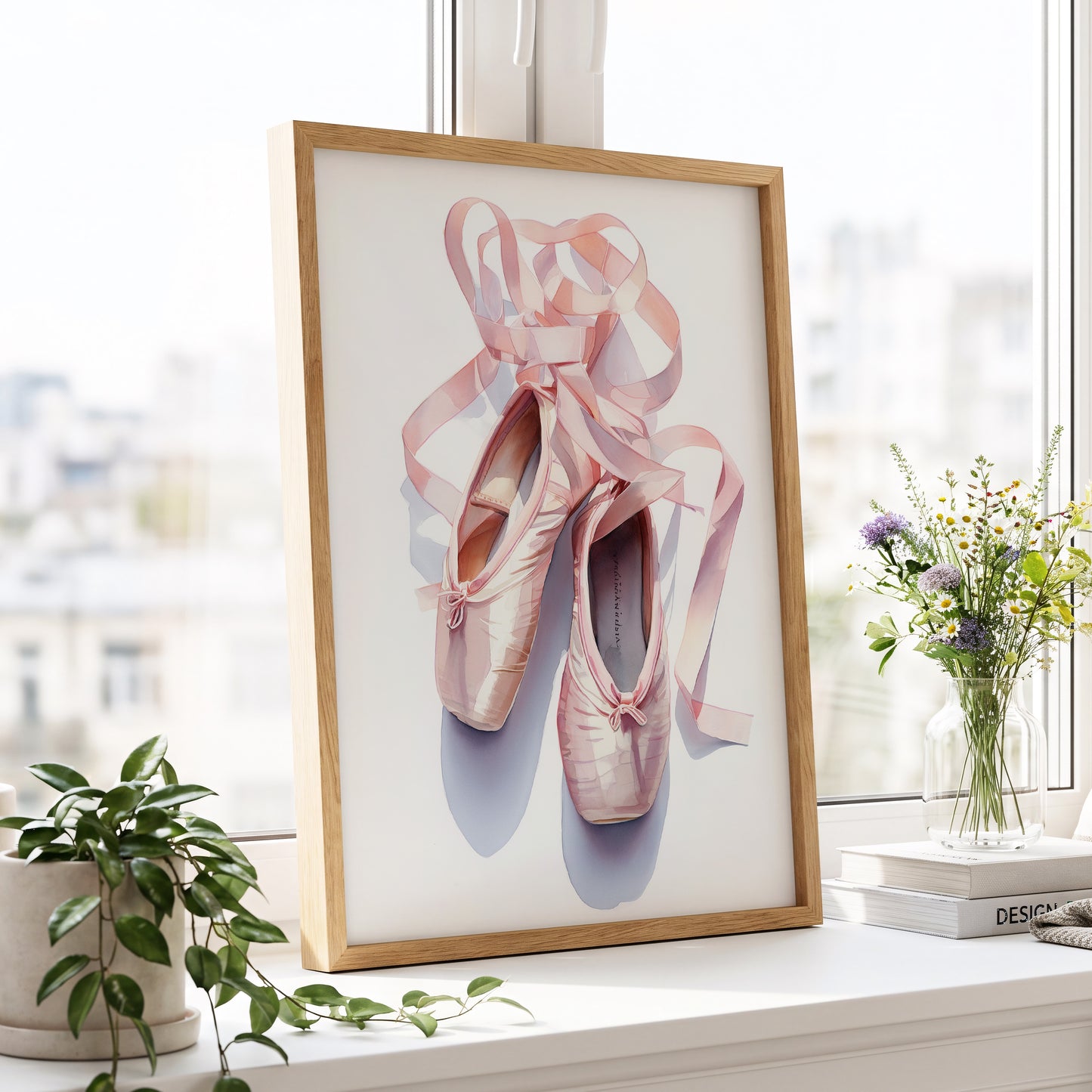 Ribbons at the Barre, pink, white, beige minimalist wall art displayed in a styled interior, gallery view 6