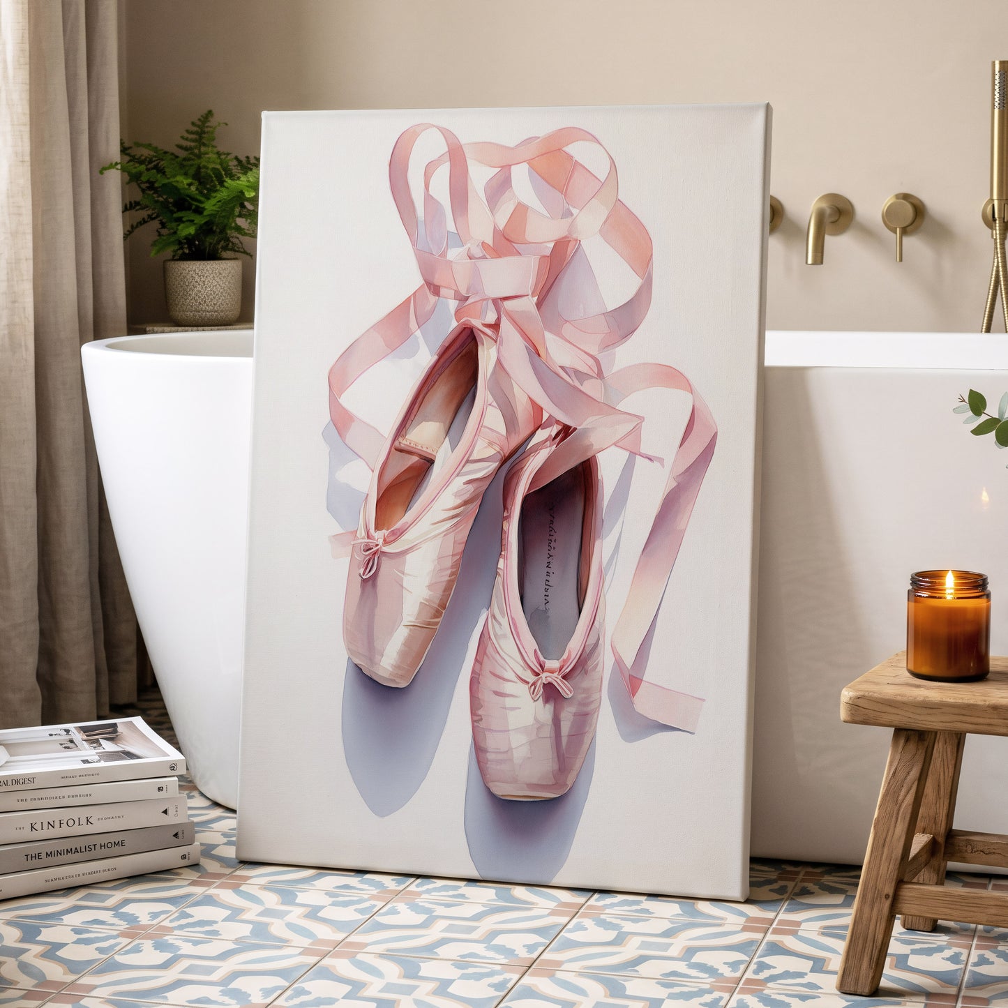 Ribbons at the Barre, pink, white, beige minimalist wall art displayed in a styled interior, gallery view 7