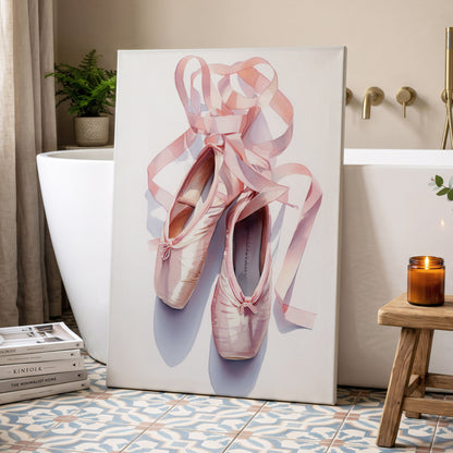 Ribbons at the Barre, pink, white, beige minimalist wall art displayed in a styled interior, gallery view 7