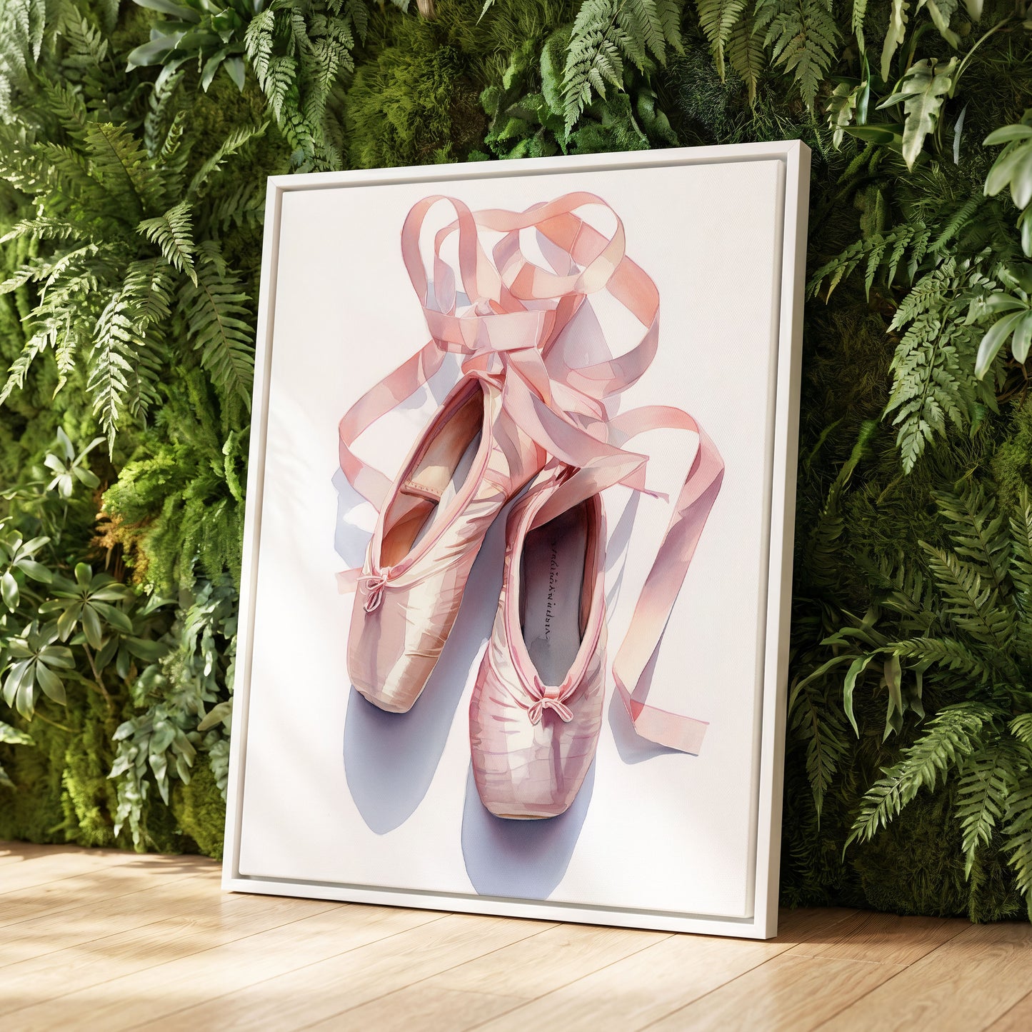 Ribbons at the Barre, pink, white, beige minimalist wall art displayed in a styled interior, gallery view 8