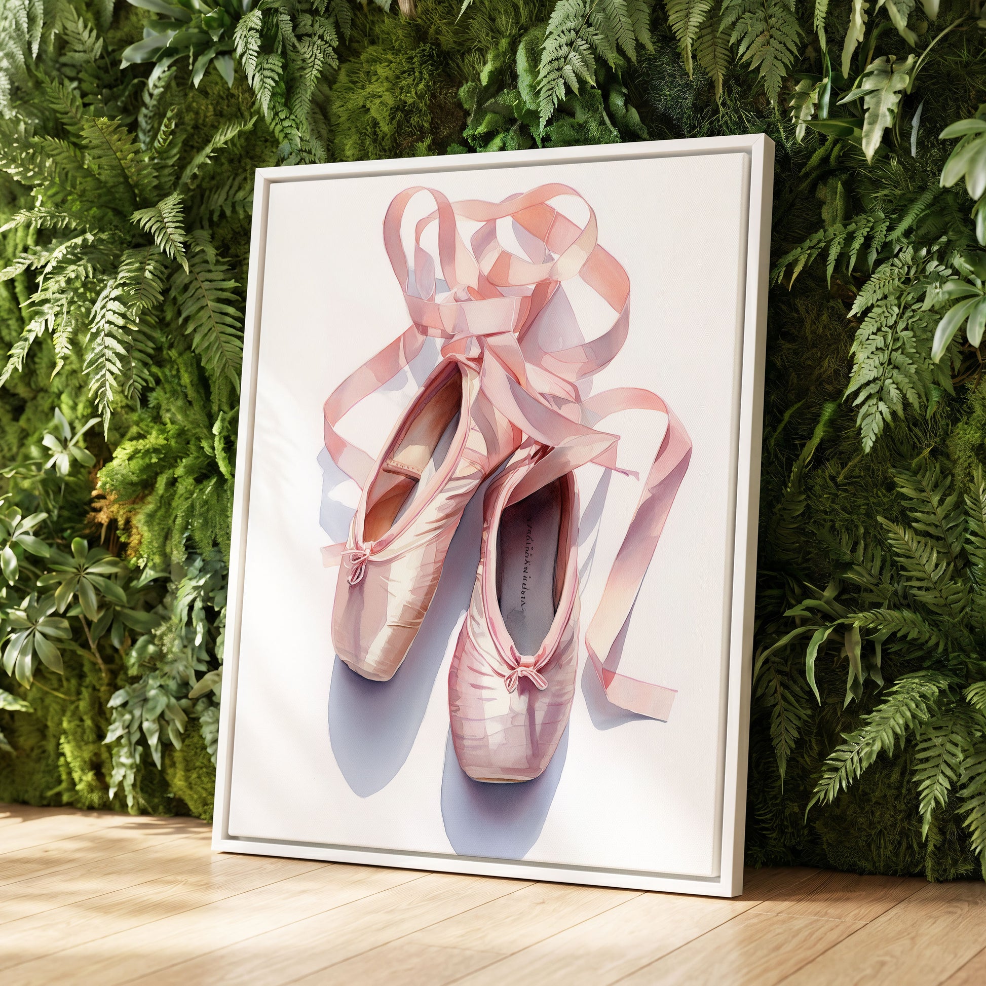 Ribbons at the Barre, pink, white, beige minimalist wall art displayed in a styled interior, gallery view 8