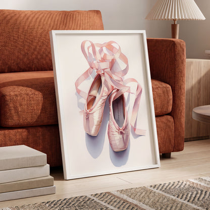 Ribbons at the Barre, pink, white, beige minimalist wall art displayed in a styled interior, gallery view 9