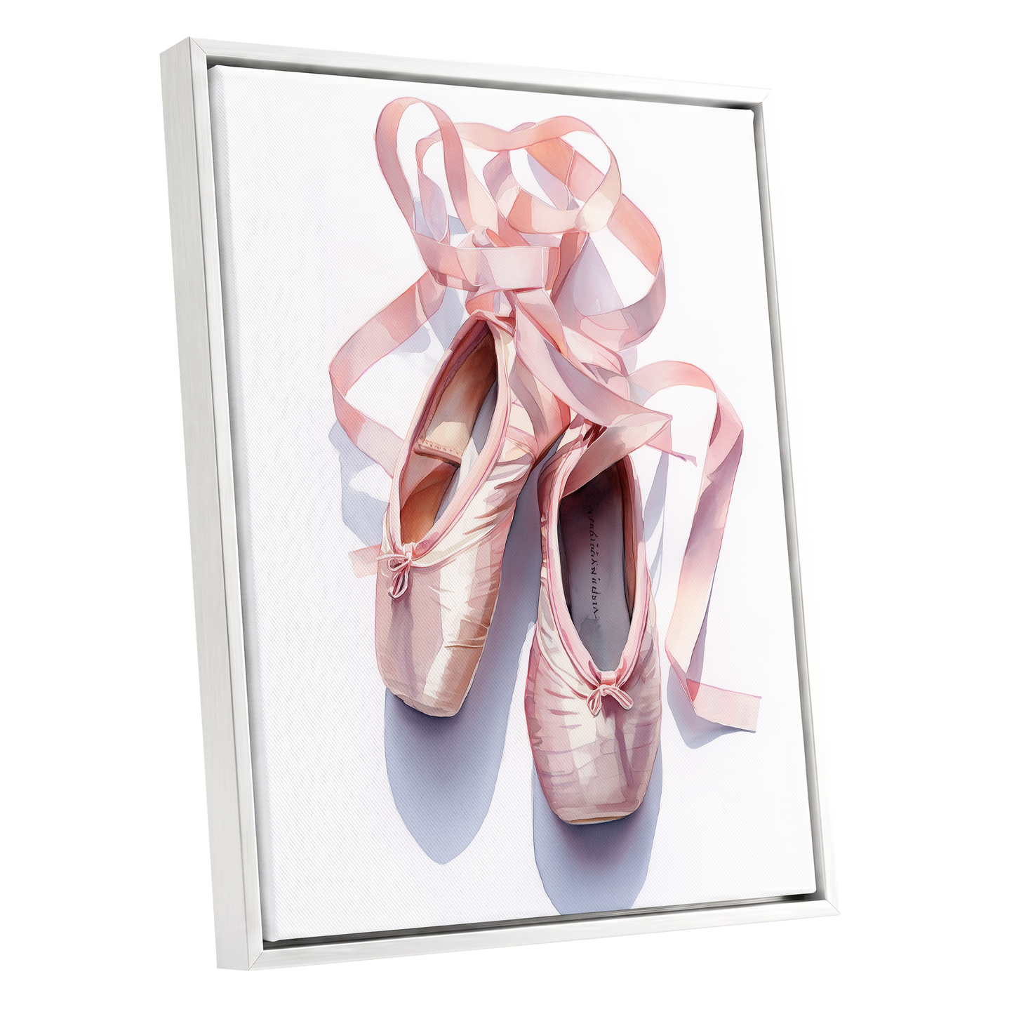 Ribbons at the Barre, pink, white, beige minimalist wall art shown as a white framed canvas wall art