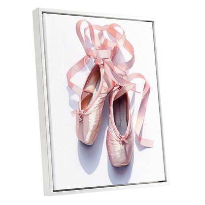 Ribbons at the Barre, pink, white, beige minimalist wall art shown as a white framed canvas wall art