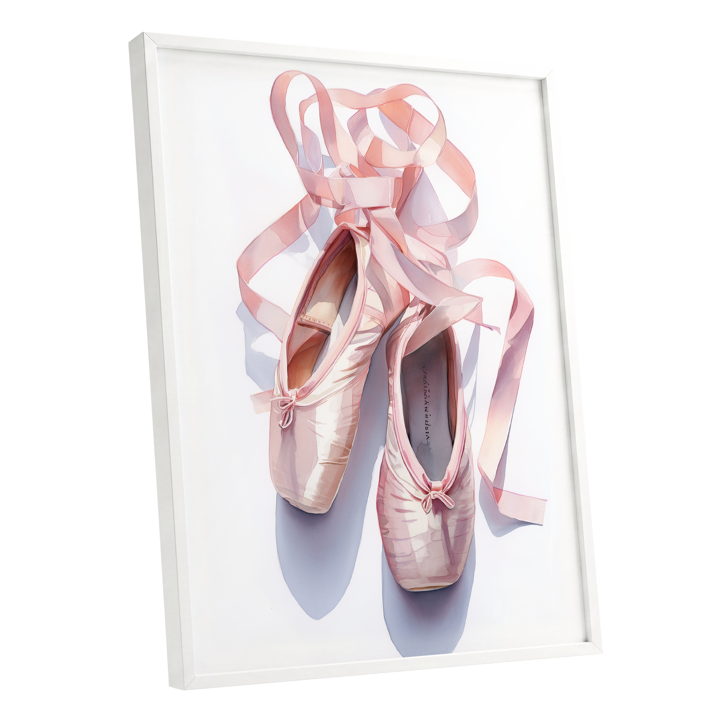 Ribbons at the Barre, pink, white, beige minimalist wall art shown as a white framed poster wall art print