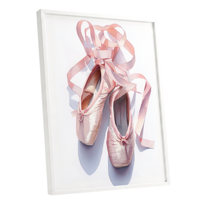 Ribbons at the Barre, pink, white, beige minimalist wall art shown as a white framed poster wall art print