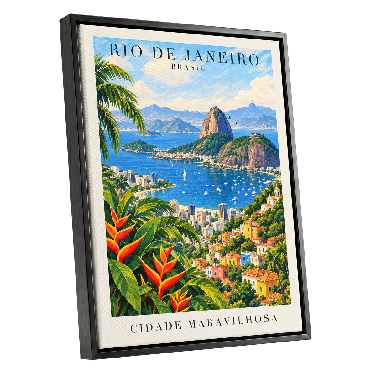 Rio in Full Colour, blue, green, beige nature wall art shown as a black framed canvas wall art