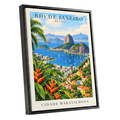 Rio in Full Colour, blue, green, beige nature wall art shown as a black framed canvas wall art