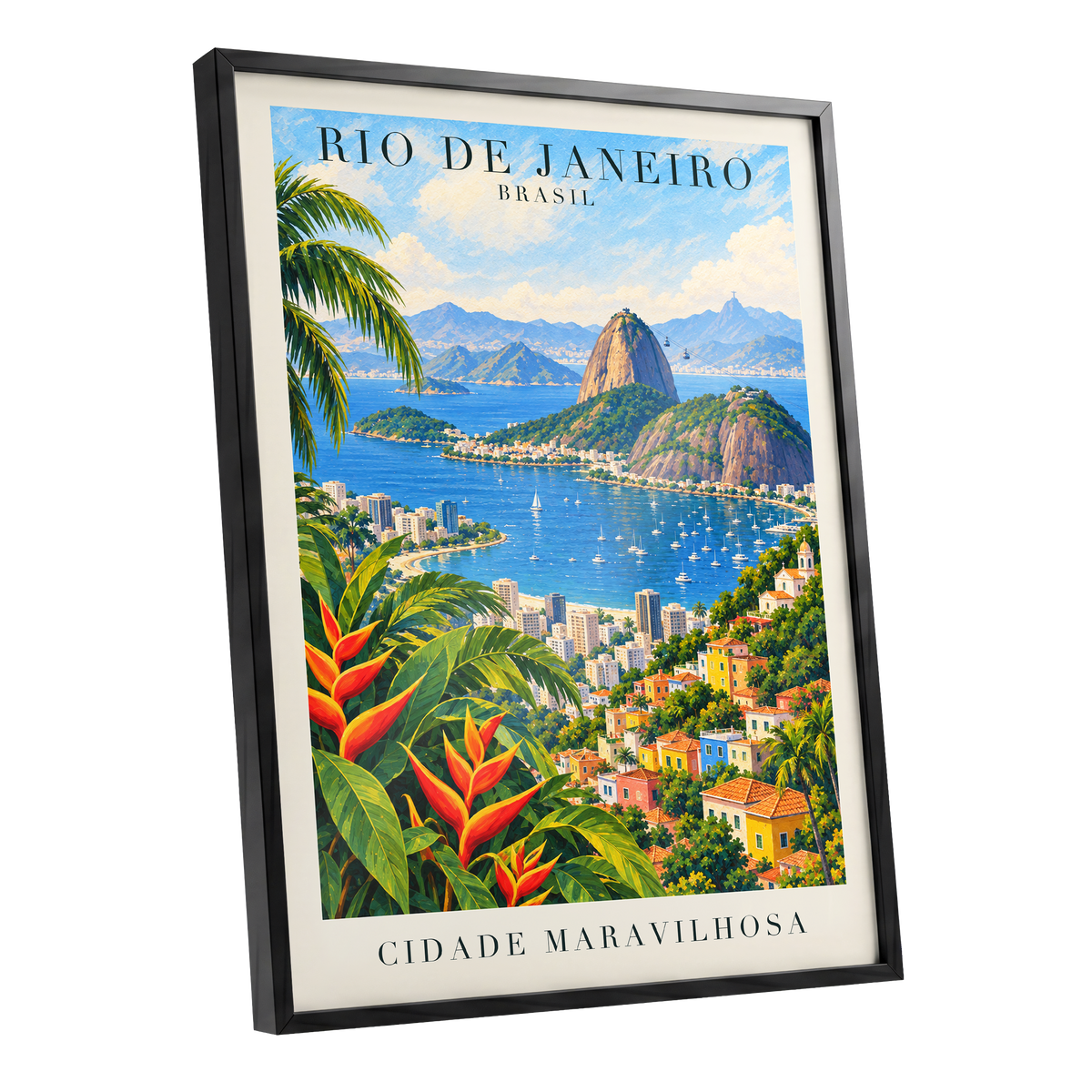 Rio in Full Colour, blue, green, beige nature wall art shown as a black framed poster wall art print