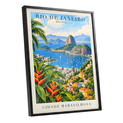 Rio in Full Colour, blue, green, beige nature wall art shown as a black framed poster wall art print