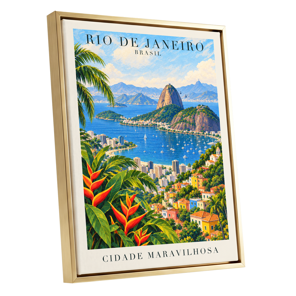 Rio in Full Colour, blue, green, beige nature wall art shown as a gold framed canvas wall art
