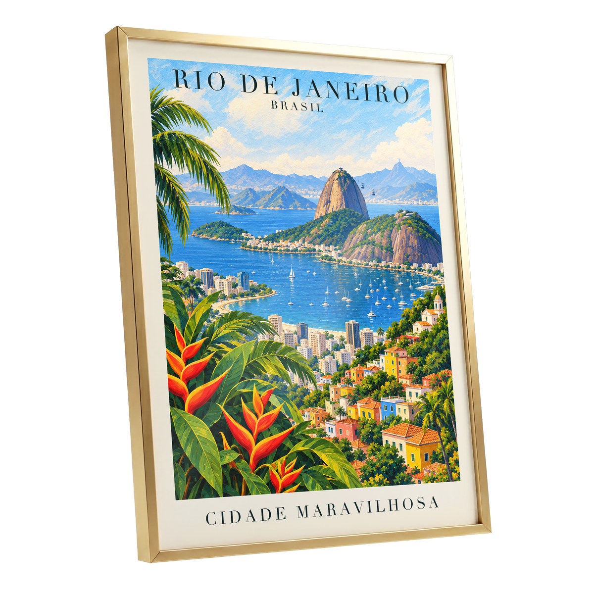 Rio in Full Colour, blue, green, beige nature wall art shown as a gold framed poster wall art print