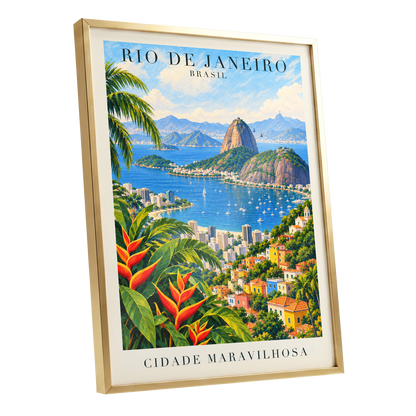 Rio in Full Colour, blue, green, beige nature wall art shown as a gold framed poster wall art print