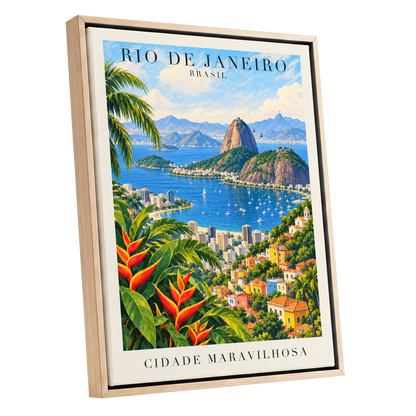 Rio in Full Colour, blue, green, beige nature wall art shown as a oak framed canvas wall art