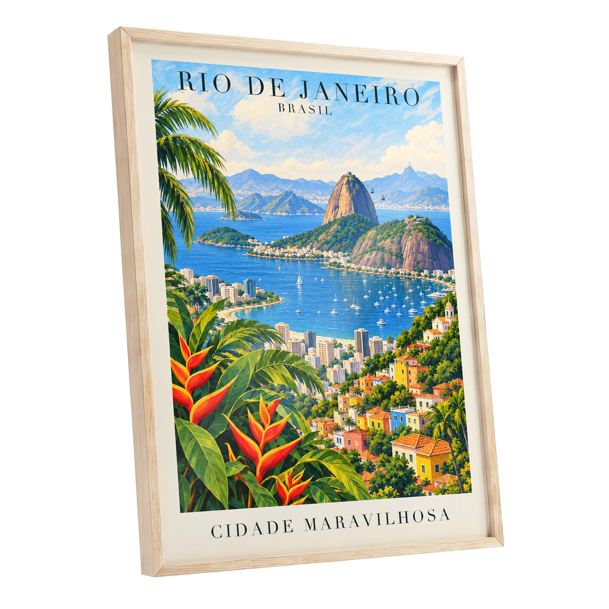 Rio in Full Colour, blue, green, beige nature wall art shown as a oak framed poster wall art print