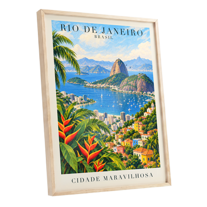 Rio in Full Colour, blue, green, beige nature wall art shown as a oak framed poster wall art print