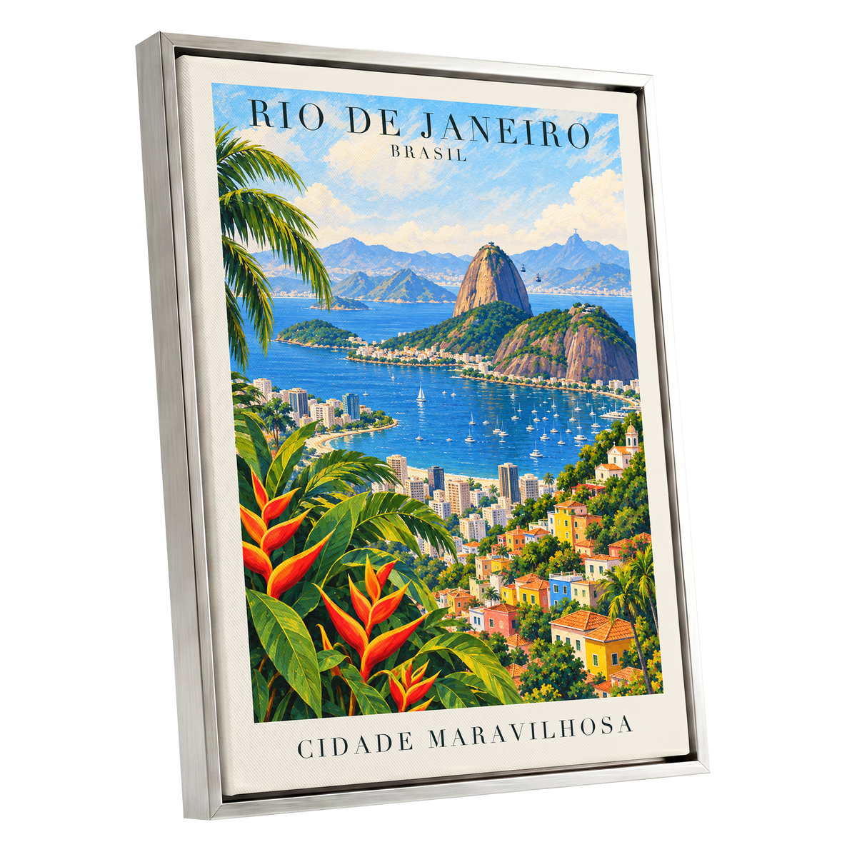 Rio in Full Colour, blue, green, beige nature wall art shown as a silver framed canvas wall art