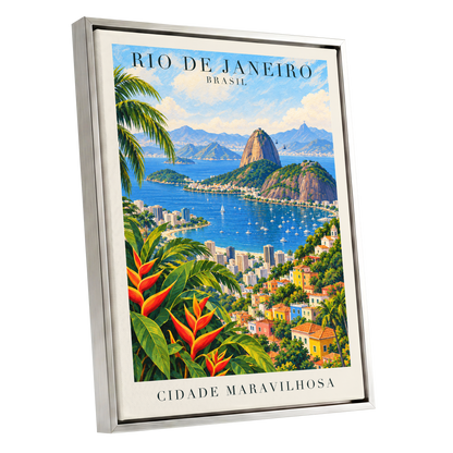 Rio in Full Colour, blue, green, beige nature wall art shown as a silver framed canvas wall art