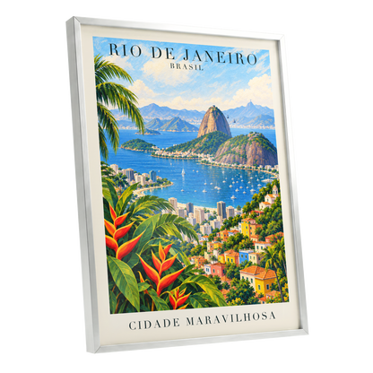 Rio in Full Colour, blue, green, beige nature wall art shown as a silver framed poster wall art print